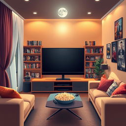 An artistic illustration of a cozy living room featuring a massive flat-screen television on a modern entertainment unit