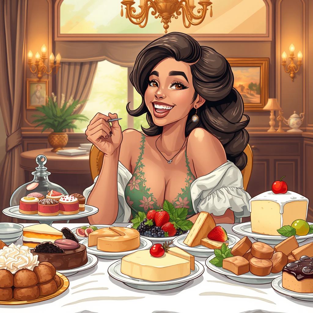 A stunningly illustrated portrait of a beautiful feedee individual, exuberant and content, enjoying a lavish spread of decadent food