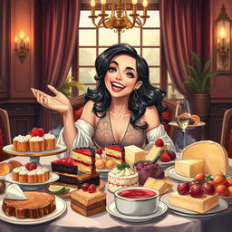 A stunningly illustrated portrait of a beautiful feedee individual, exuberant and content, enjoying a lavish spread of decadent food