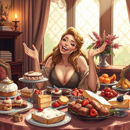 A stunningly illustrated portrait of a beautiful feedee individual, exuberant and content, enjoying a lavish spread of decadent food