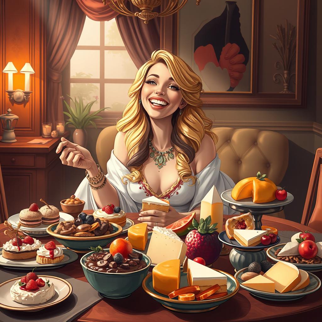 A stunningly illustrated portrait of a beautiful feedee individual, exuberant and content, enjoying a lavish spread of decadent food