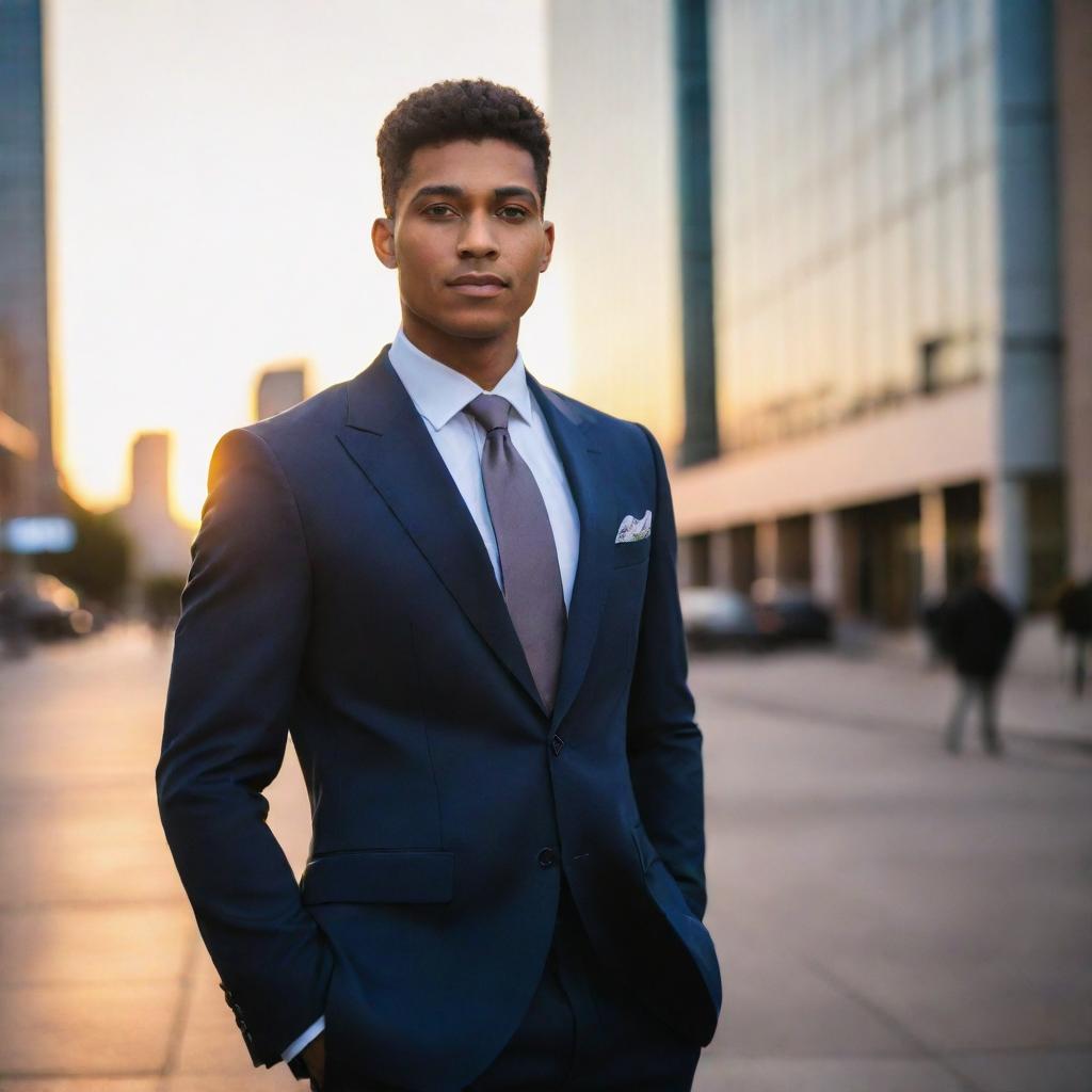 An elegant, well-dressed man with a confident aura standing tall in an urban setting during sunset.