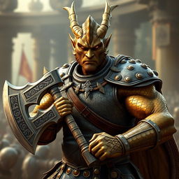 A muscular brass Dragonborn paladin wearing splint mail armor, wielding a battle axe