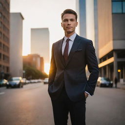 An elegant, well-dressed man with a confident aura standing tall in an urban setting during sunset.