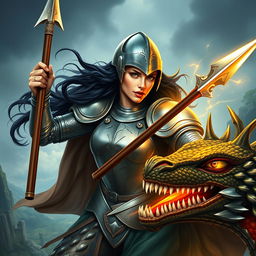 A powerful and fierce female Saint George, depicted in an epic battle scene where she valiantly slays a dragon