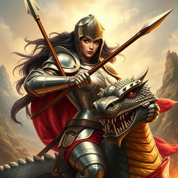 A powerful and fierce female Saint George, depicted in an epic battle scene where she valiantly slays a dragon