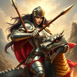 A powerful and fierce female Saint George, depicted in an epic battle scene where she valiantly slays a dragon