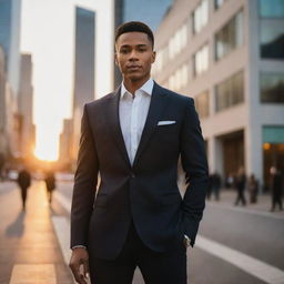 An elegant, well-dressed man with a confident aura standing tall in an urban setting during sunset.