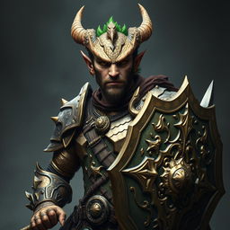 Portrait of a male dragon humanoid, showcasing brass-colored scales with green accents