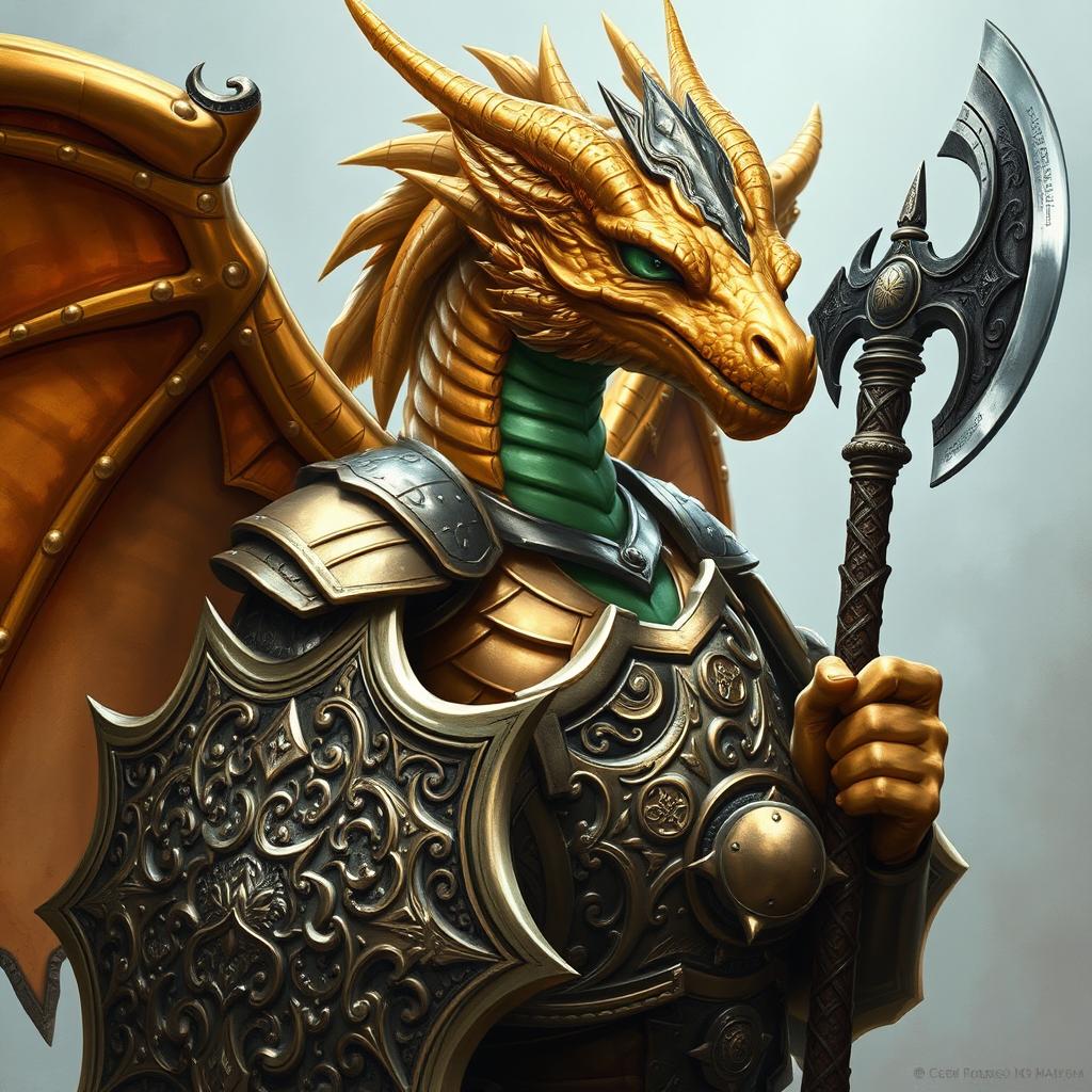 Portrait of a male dragon humanoid, showcasing brass-colored scales with green accents