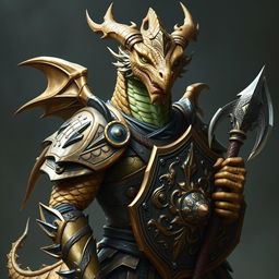 Portrait of a male dragon humanoid, showcasing brass-colored scales with green accents