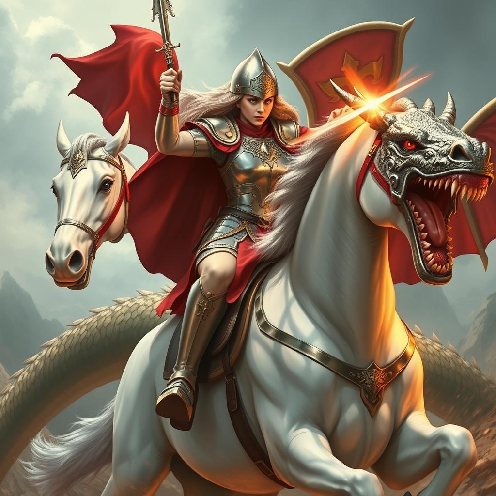 A valiant female Saint George riding a majestic white horse, engaging in an epic battle with a fierce dragon