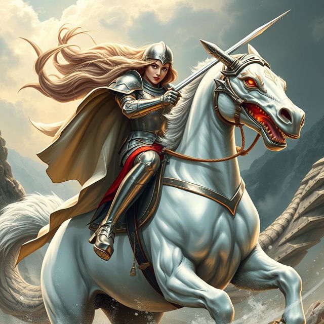 A valiant female Saint George riding a majestic white horse, engaging in an epic battle with a fierce dragon