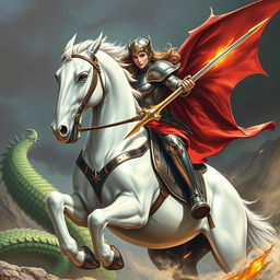 A valiant female Saint George riding a majestic white horse, engaging in an epic battle with a fierce dragon