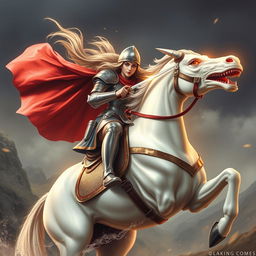 A valiant female Saint George riding a majestic white horse, engaging in an epic battle with a fierce dragon