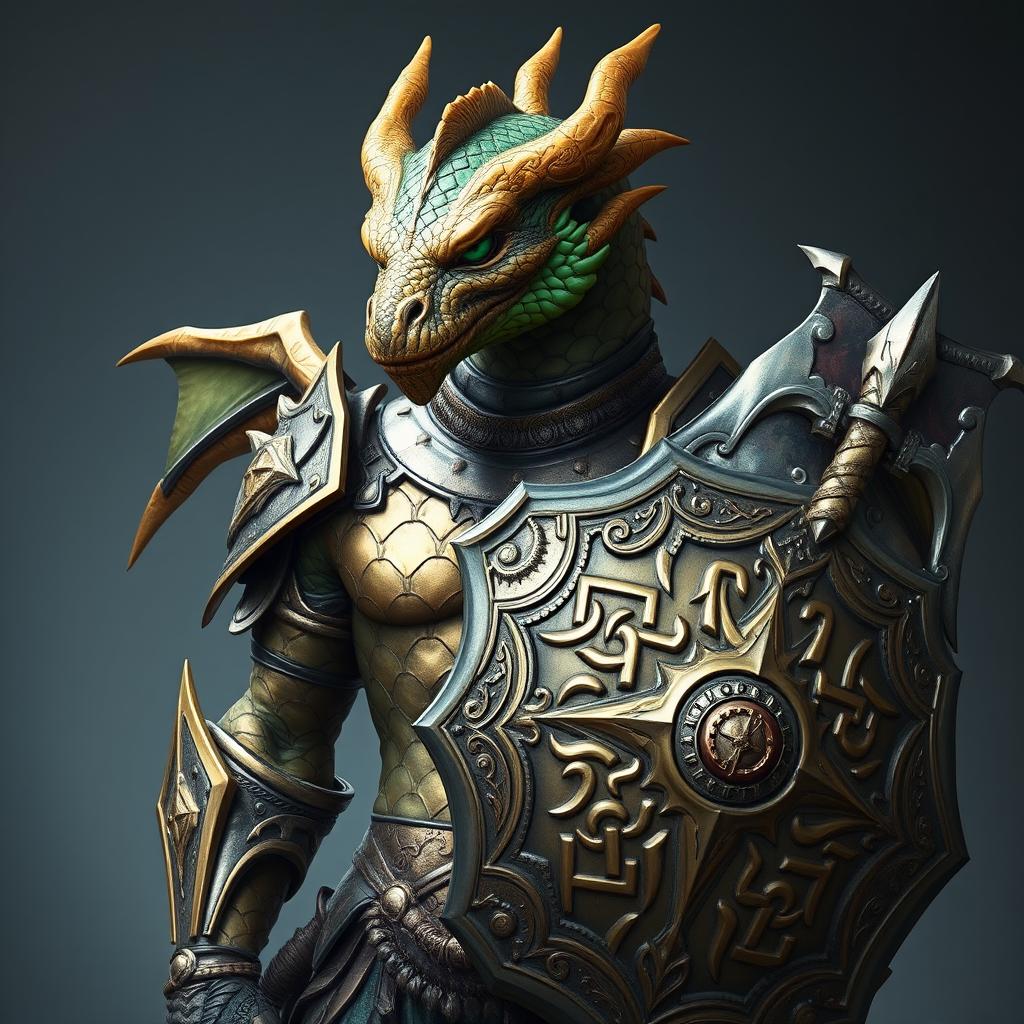 Portrait of a male dragon humanoid without wings, showcasing brass-colored scales with green accents