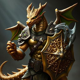 Portrait of a male dragon humanoid without wings, showcasing brass-colored scales with green accents