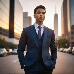 An elegant, well-dressed man with a confident aura standing tall in an urban setting during sunset.