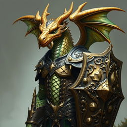 Portrait of a male dragon humanoid without wings, showcasing brass-colored scales with green accents