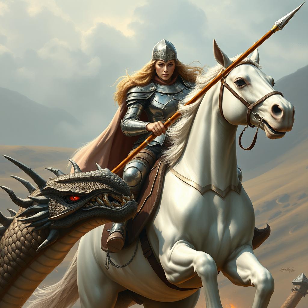 A fearless female Saint George riding a noble white horse, engaging in an epic battle against a fierce dragon with a sharp lance