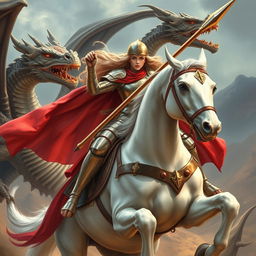 A fearless female Saint George riding a noble white horse, engaging in an epic battle against a fierce dragon with a sharp lance