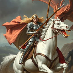 A fearless female Saint George riding a noble white horse, engaging in an epic battle against a fierce dragon with a sharp lance