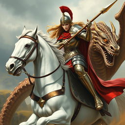 A fearless female Saint George riding a noble white horse, engaging in an epic battle against a fierce dragon with a sharp lance