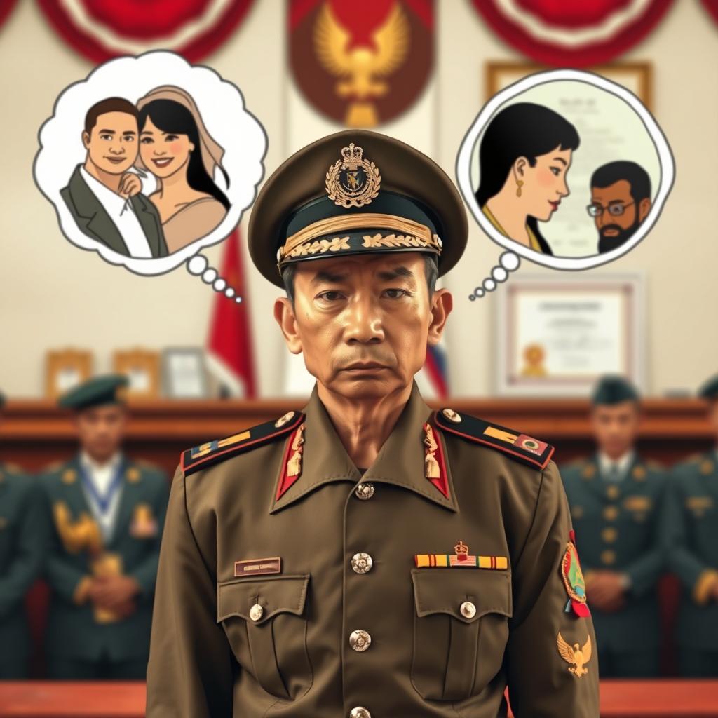 An expressive scene capturing the dynamics of marriage and divorce in the life of an Indonesian military officer (TNI)