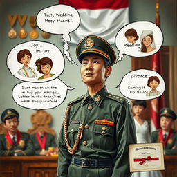 An expressive scene capturing the dynamics of marriage and divorce in the life of an Indonesian military officer (TNI)