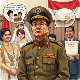 An expressive scene capturing the dynamics of marriage and divorce in the life of an Indonesian military officer (TNI)