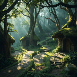 An abandoned druid village nestled deep within a lush, mystical forest