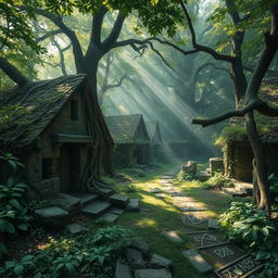 An abandoned druid village nestled deep within a lush, mystical forest