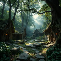 An abandoned druid village nestled deep within a lush, mystical forest