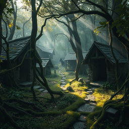 An abandoned druid village nestled deep within a lush, mystical forest