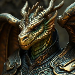 Portrait of a male dragon humanoid without wings, showcasing brass-colored scales with green accents