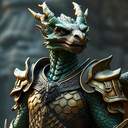 Portrait of a male dragon humanoid without wings, showcasing brass-colored scales with green accents