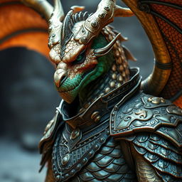 Portrait of a male dragon humanoid without wings, showcasing brass-colored scales with green accents