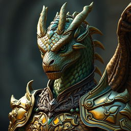 Portrait of a male dragon humanoid without wings, showcasing brass-colored scales with green accents