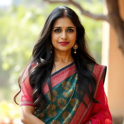 An Indian woman in her 40s wearing a traditional saree, exuding elegance and confidence