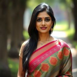 An Indian woman in her 40s wearing a traditional saree, exuding elegance and confidence