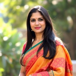 An Indian woman in her 40s wearing a traditional saree, exuding elegance and confidence