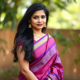 An Indian woman in her 40s wearing a traditional saree, exuding elegance and confidence