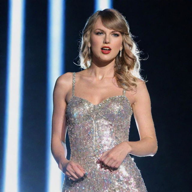 Taylor Swift performing on a grand stage under bright lights, wearing a glittering outfit.