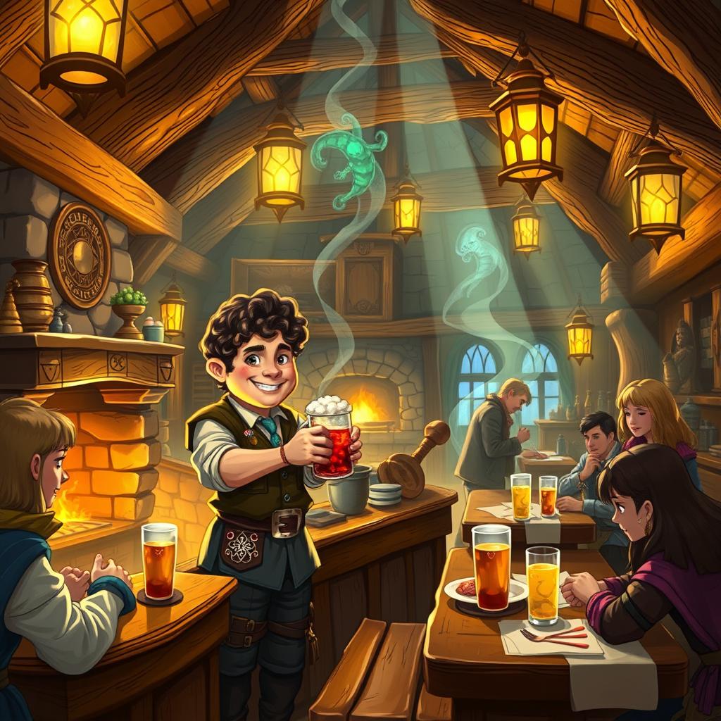 A cozy fantasy inn with a warm and inviting atmosphere