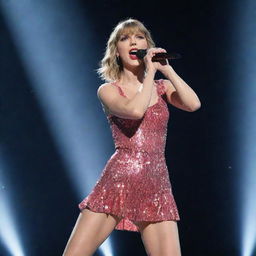 Taylor Swift performing on a grand stage under bright lights, wearing a glittering outfit.