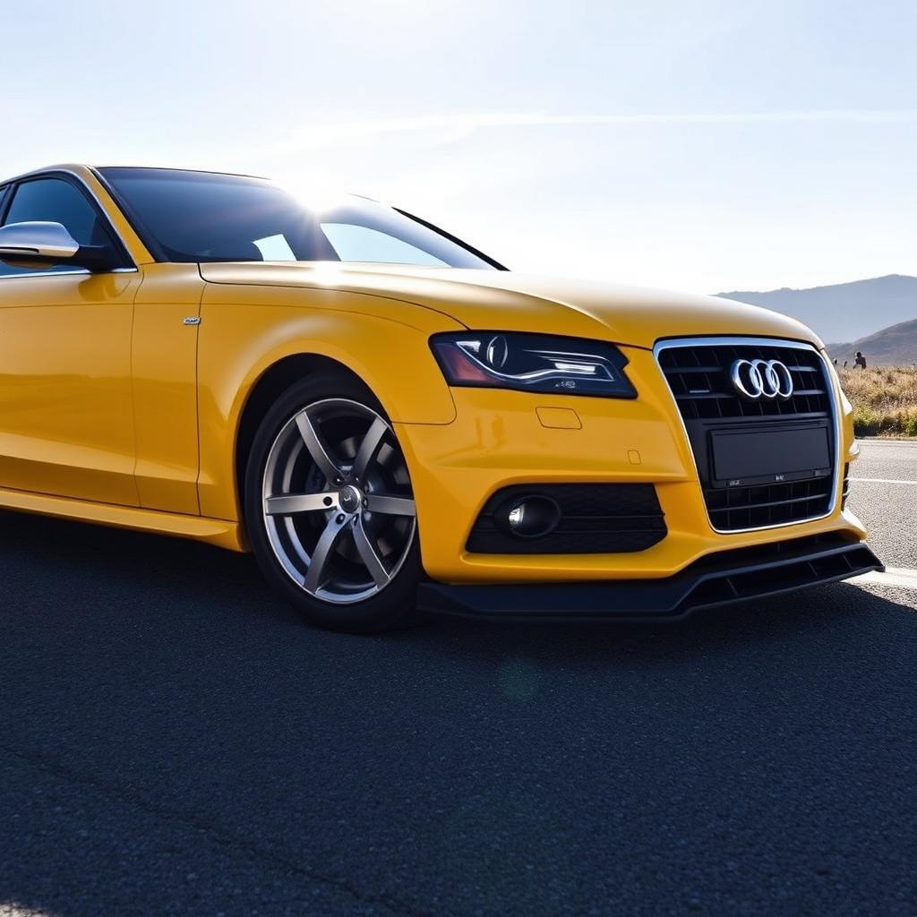 A 2010 Audi A4 B8 in vibrant yellow color with a front splitter and 19-inch wheels, showcasing its sporty design and sleek body lines