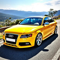 A 2010 Audi A4 B8 in vibrant yellow color with a front splitter and 19-inch wheels, showcasing its sporty design and sleek body lines