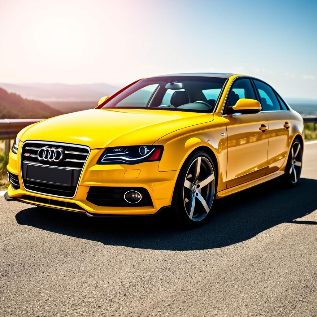 A 2010 Audi A4 B8 in vibrant yellow color with a front splitter and 19-inch wheels, showcasing its sporty design and sleek body lines