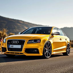 A 2010 Audi A4 B8 in vibrant yellow color with a front splitter and 19-inch wheels, showcasing its sporty design and sleek body lines