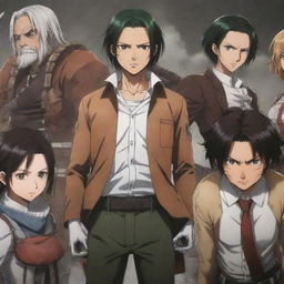 Demon Slayer and Attack on Titan characters, interacting harmoniously in the same scene, maintaining their distinct anime-style outlines and unique costumes.